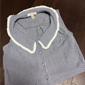 Striped Sleeveless Button-Front Top with Contrast Ruffle Collar